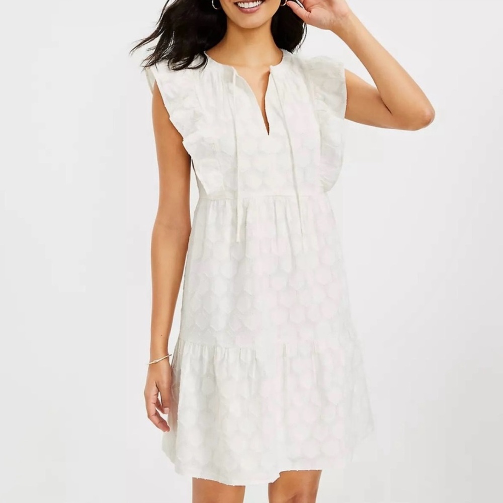 LOFT Ivory/Shimmer Gold Metallic Threading Ruffle Sleeve Mini Dress(L)